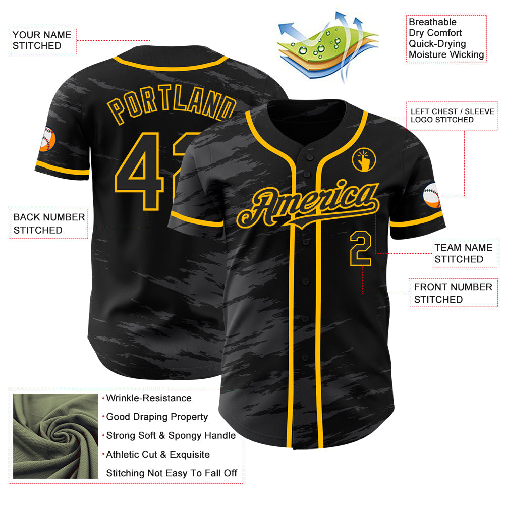 Custom Black Steel Gray Splash Ink Gold Authentic Baseball Jersey - Sky-Custom