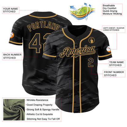 Custom Black Steel Gray Splash Ink Old Gold Authentic Baseball Jersey - Sky-Custom