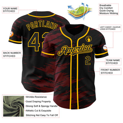 Custom Black Crimson Splash Ink Gold Authentic Baseball Jersey - Sky-Custom