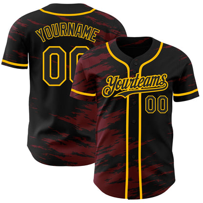 Custom Black Crimson Splash Ink Gold Authentic Baseball Jersey - Sky-Custom