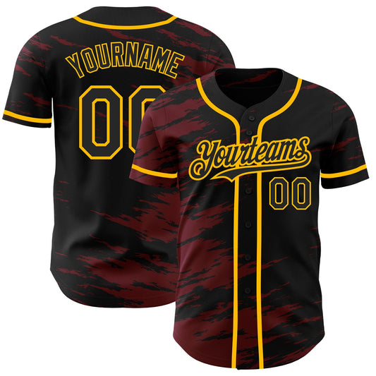 Custom Black Crimson Splash Ink Gold Authentic Baseball Jersey - Sky-Custom