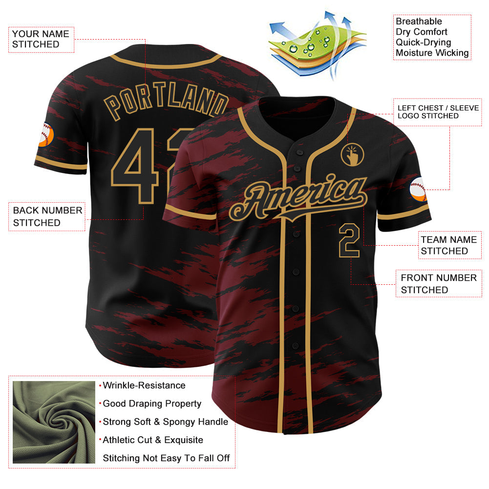 Custom Black Crimson Splash Ink Old Gold Authentic Baseball Jersey - Sky-Custom