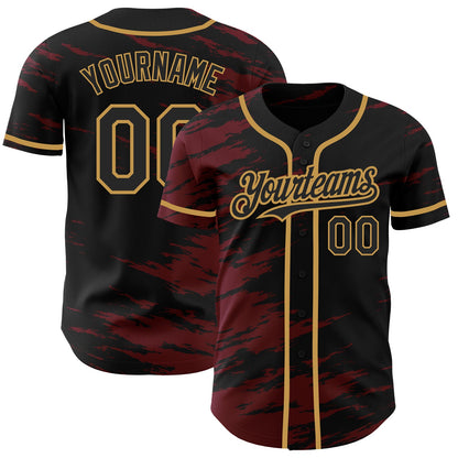 Custom Black Crimson Splash Ink Old Gold Authentic Baseball Jersey - Sky-Custom