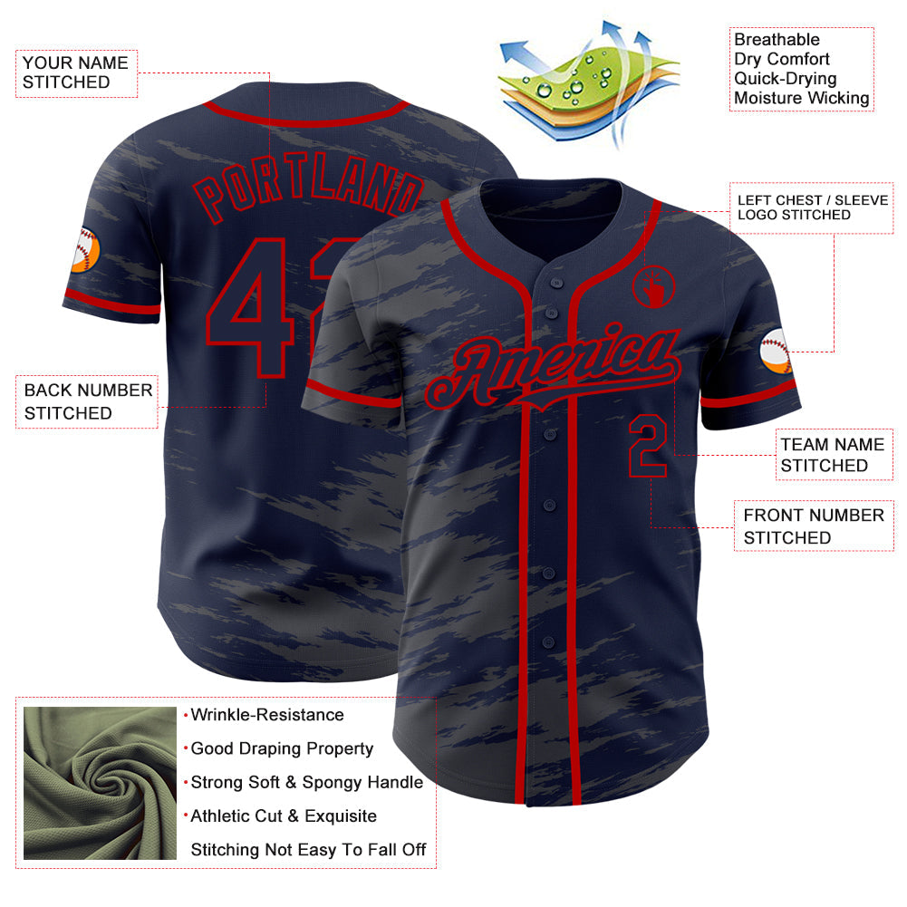 Custom Navy Steel Gray Splash Ink Red Authentic Baseball Jersey - Sky-Custom