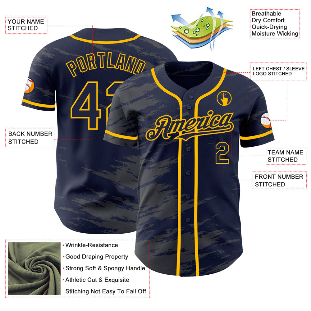 Custom Navy Steel Gray Splash Ink Gold Authentic Baseball Jersey - Sky-Custom