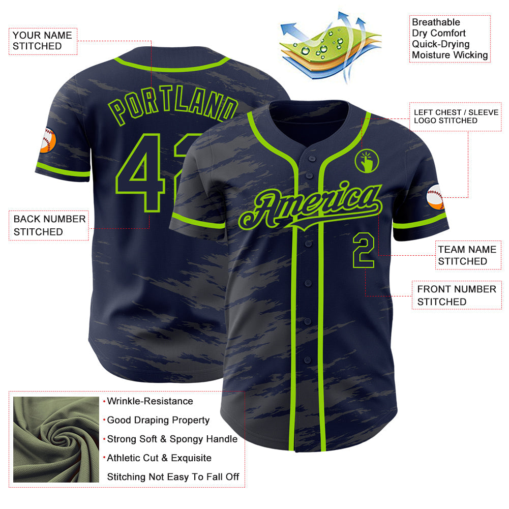 Custom Navy Steel Gray Splash Ink Neon Green Authentic Baseball Jersey - Sky-Custom