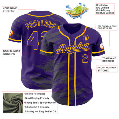 Custom Purple Steel Gray Splash Ink Gold Authentic Baseball Jersey - Sky-Custom