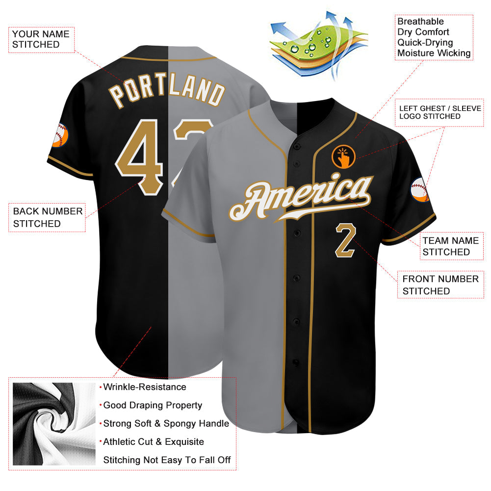 Custom Black Old Gold-Gray Authentic Split Fashion Baseball Jersey - Sky-Custom