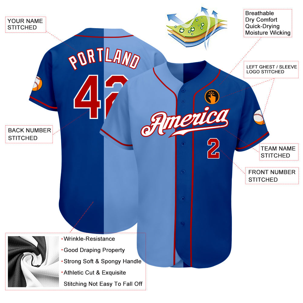 Custom Royal Red-Light Blue Authentic Split Fashion Baseball Jersey - Sky-Custom
