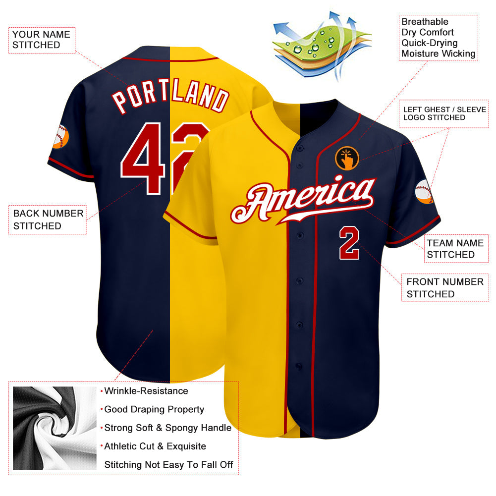 Custom Navy Red-Yellow Authentic Split Fashion Baseball Jersey - Sky-Custom