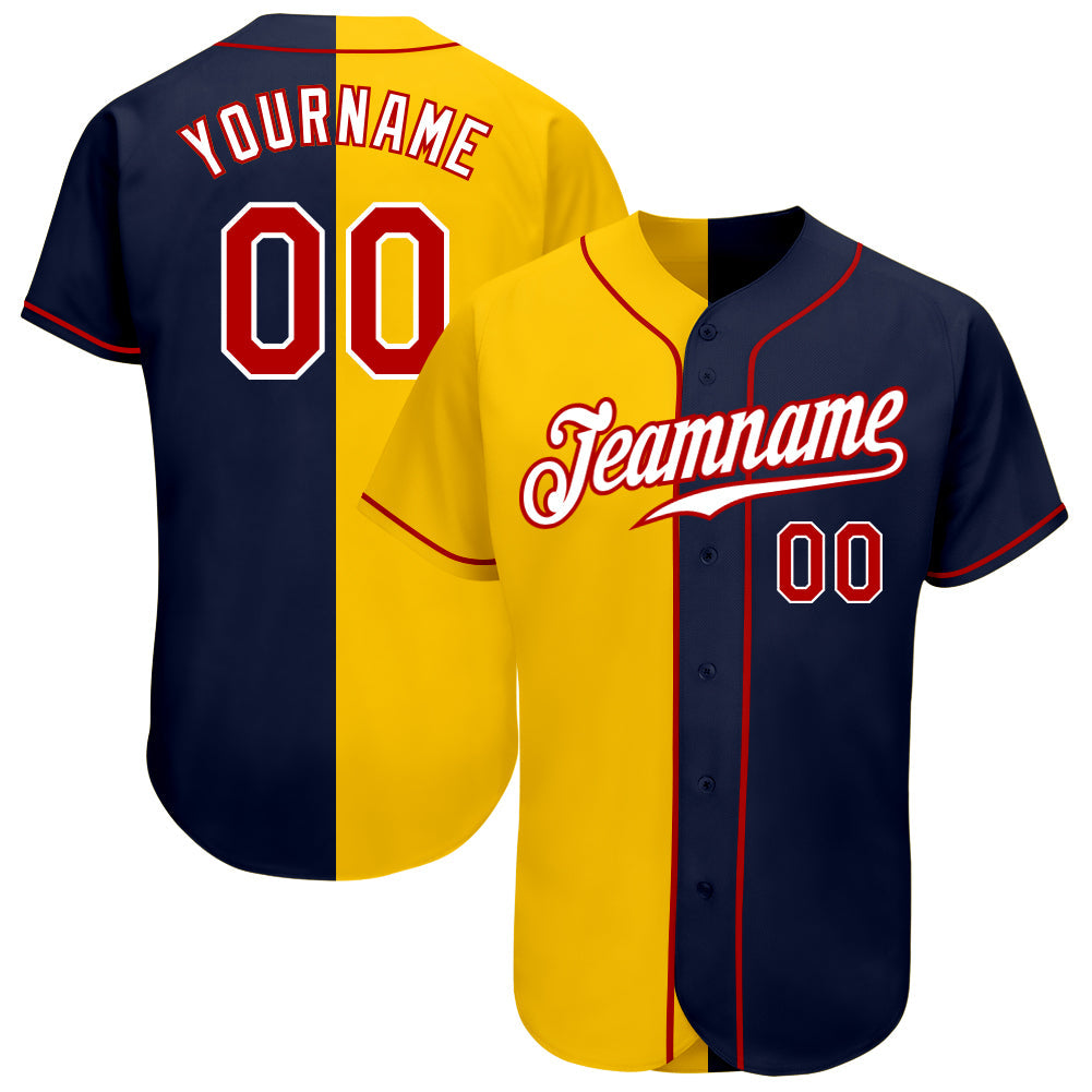 Custom Navy Red-Yellow Authentic Split Fashion Baseball Jersey - Sky-Custom
