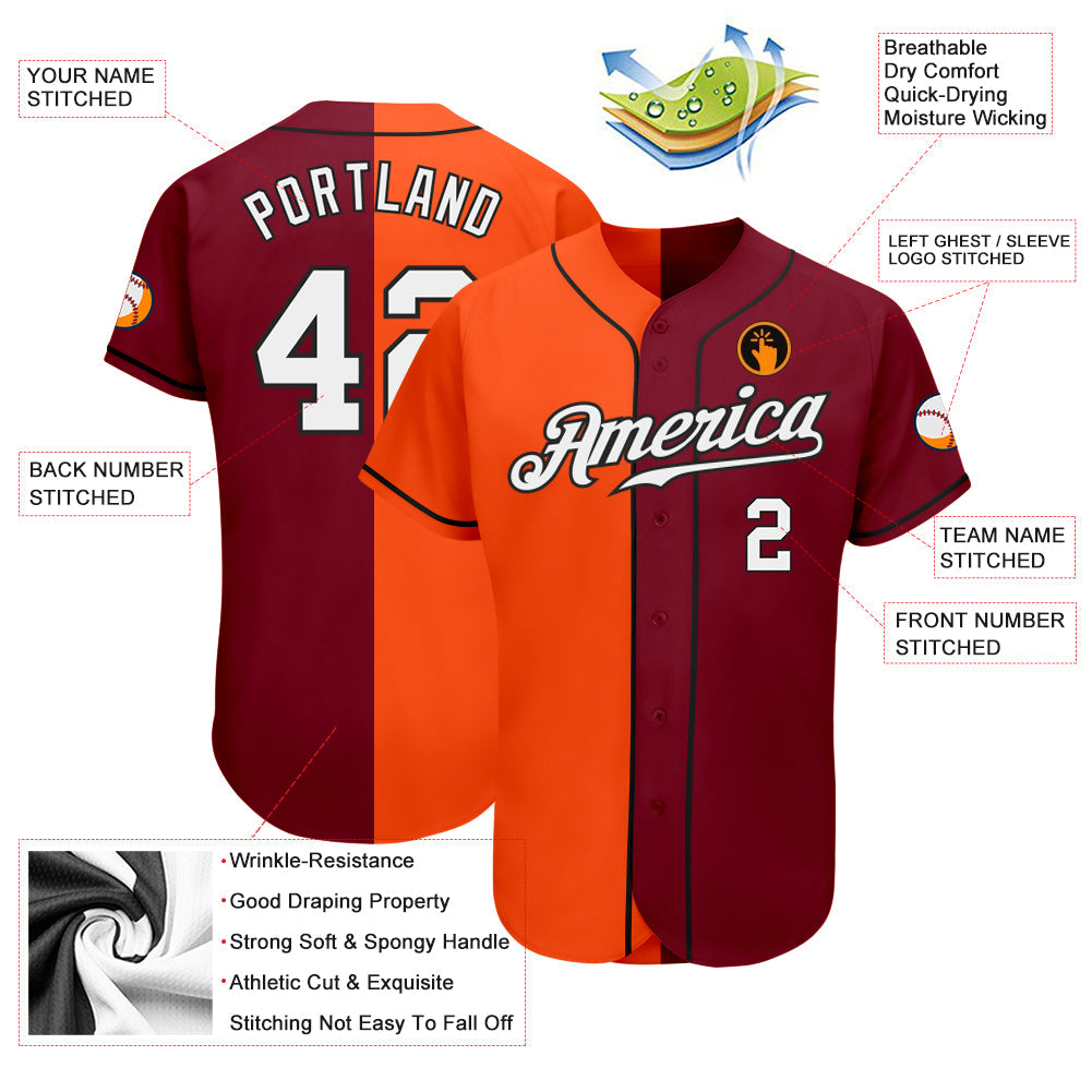 Custom Crimson White Orange-Black Authentic Split Fashion Baseball Jersey - Sky-Custom