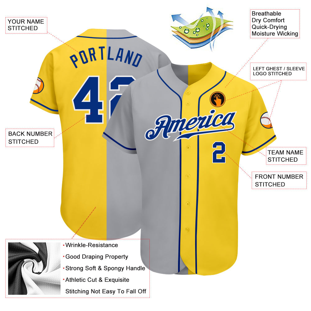 Custom Yellow Royal Gray-White Authentic Split Fashion Baseball Jersey - Sky-Custom