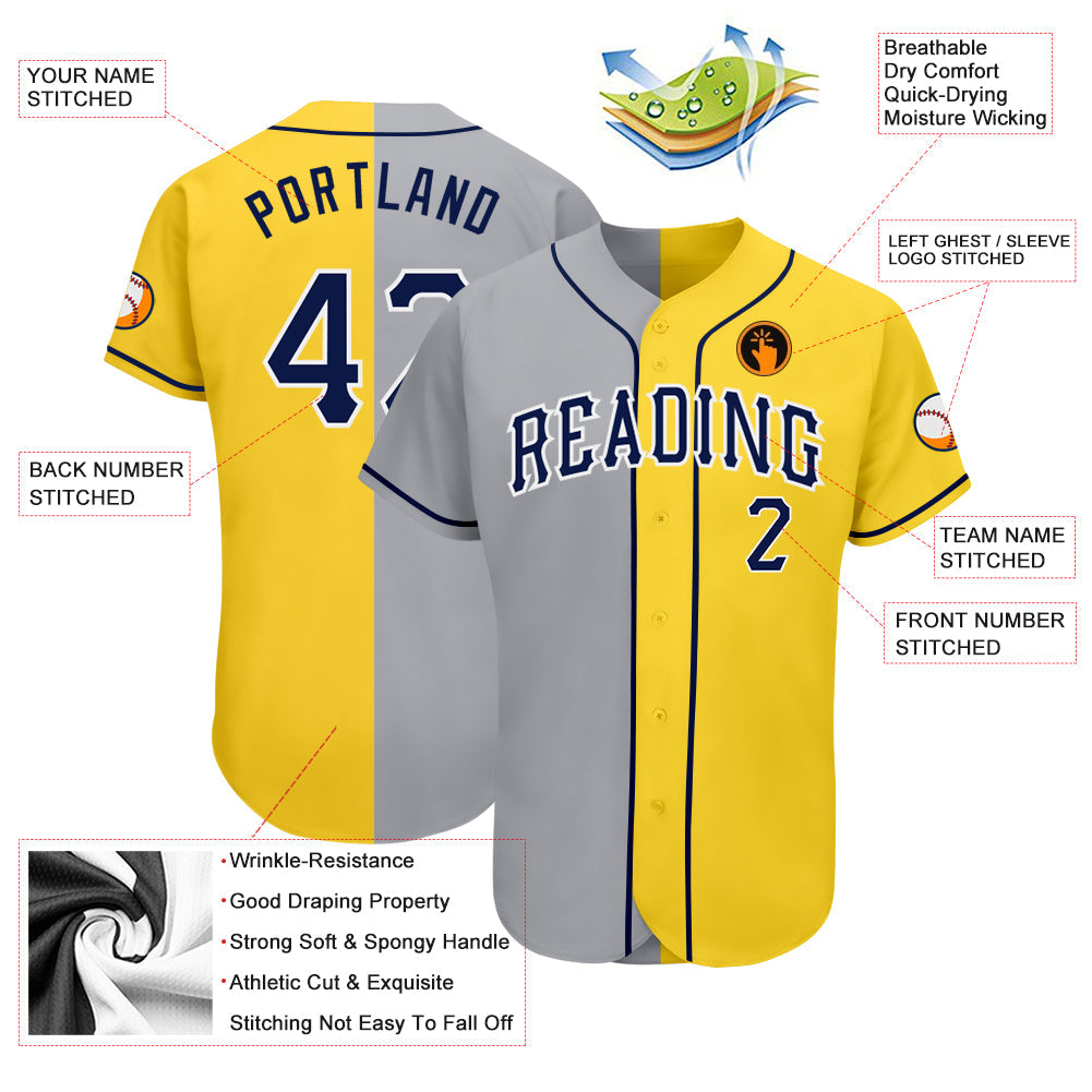 Custom Yellow Navy Gray-White Authentic Split Fashion Baseball Jersey - Sky-Custom