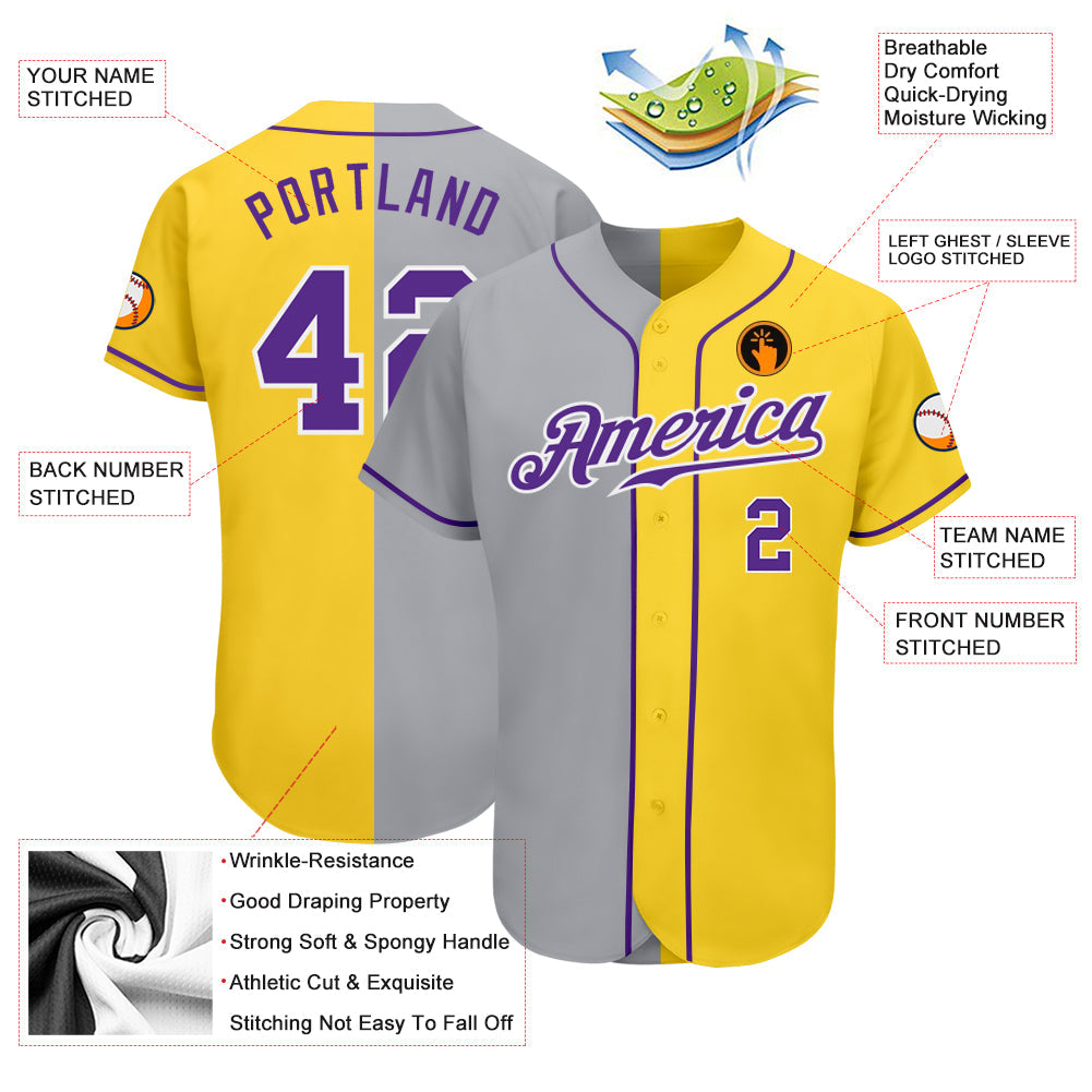 Custom Yellow Purple Gray-White Authentic Split Fashion Baseball Jersey - Sky-Custom