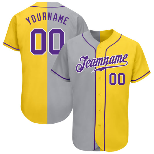 Custom Yellow Purple Gray-White Authentic Split Fashion Baseball Jersey - Sky-Custom