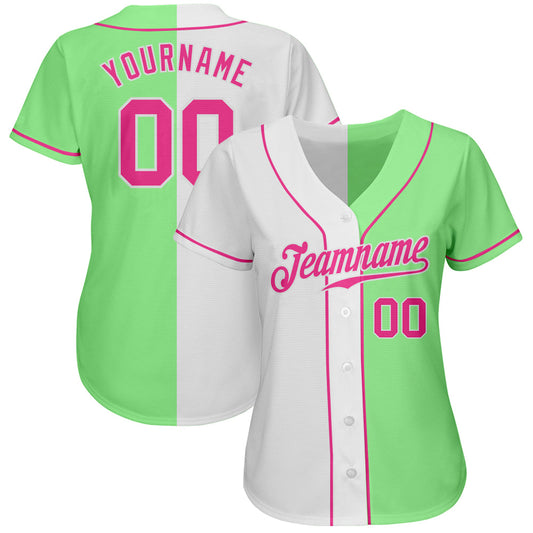 Custom Pea Green Pink-White Authentic Split Fashion Baseball Jersey - Sky-Custom