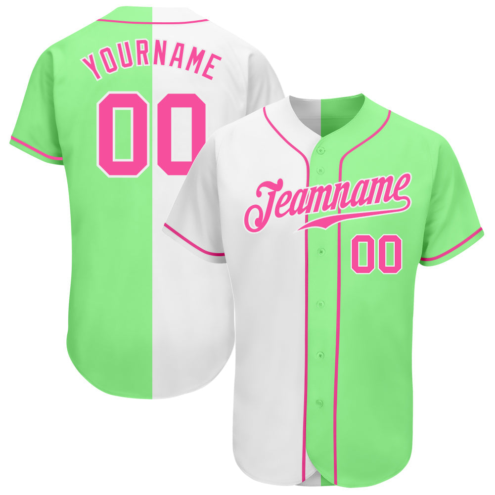 Custom Pea Green Pink-White Authentic Split Fashion Baseball Jersey - Sky-Custom