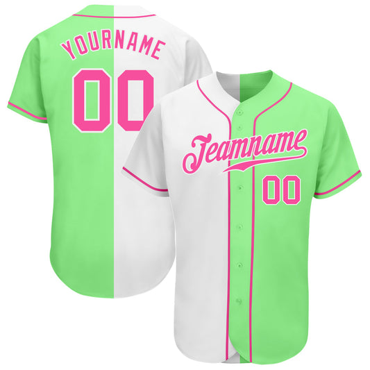 Custom Pea Green Pink-White Authentic Split Fashion Baseball Jersey - Sky-Custom
