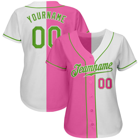Custom White Neon Green-Pink Authentic Split Fashion Baseball Jersey - Sky-Custom