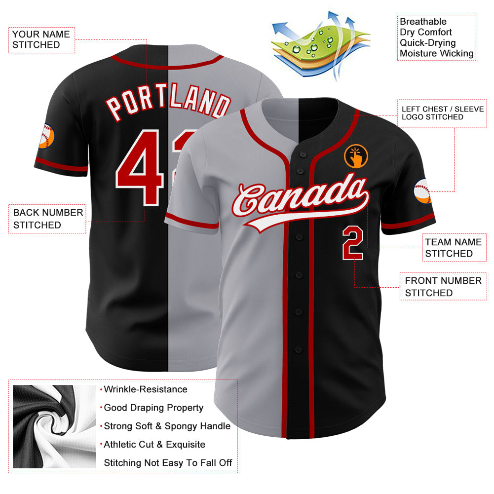Custom Black Red-Gray Authentic Split Fashion Baseball Jersey - Sky-Custom