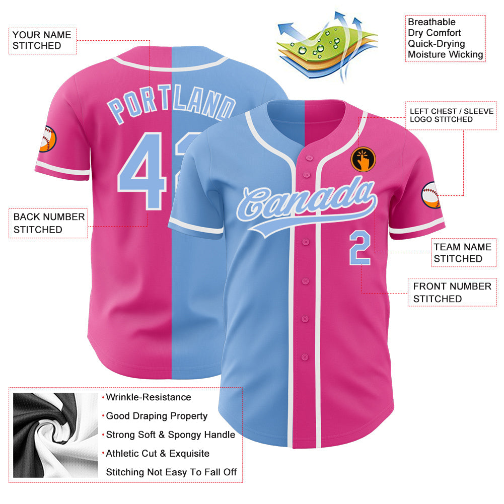 Custom Pink Light Blue-White Authentic Split Fashion Baseball Jersey - Sky-Custom