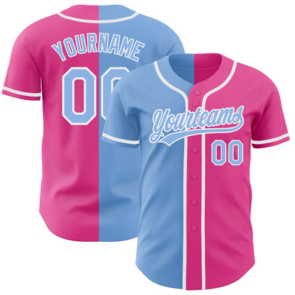 Custom Pink Light Blue-White Authentic Split Fashion Baseball Jersey - Sky-Custom