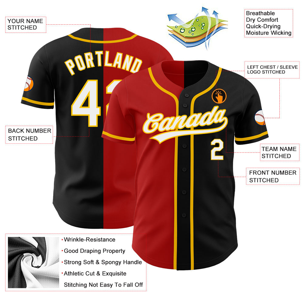 Custom Black White Red-Gold Authentic Split Fashion Baseball Jersey - Sky-Custom