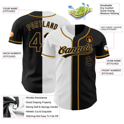 Custom Black Black White-Old Gold Authentic Split Fashion Baseball Jersey - Sky-Custom