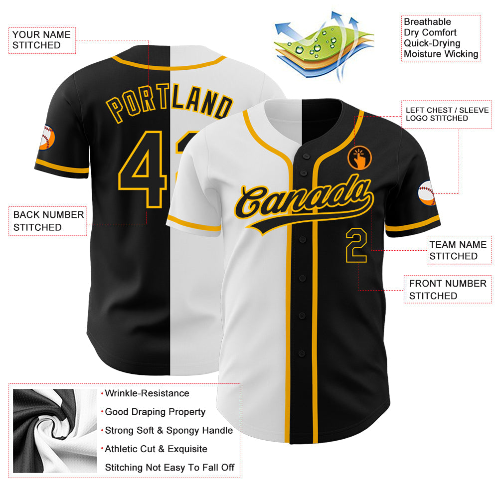 Custom Black Black White-Gold Authentic Split Fashion Baseball Jersey - Sky-Custom