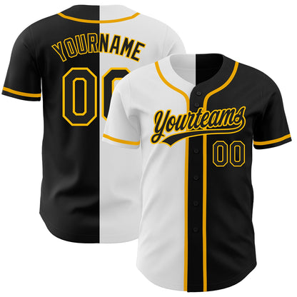 Custom Black Black White-Gold Authentic Split Fashion Baseball Jersey - Sky-Custom