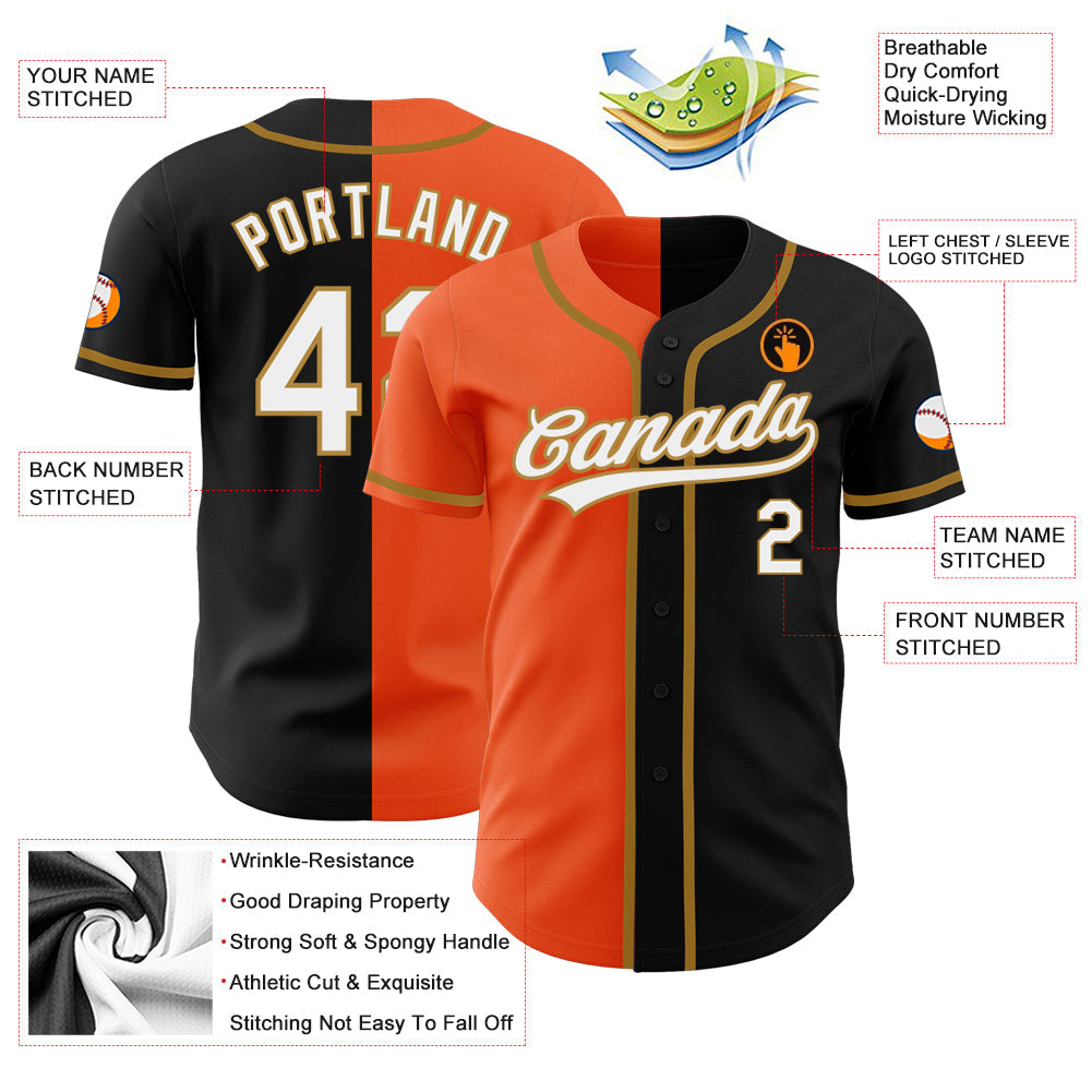 Custom Black White Orange-Old Gold Authentic Split Fashion Baseball Jersey - Sky-Custom