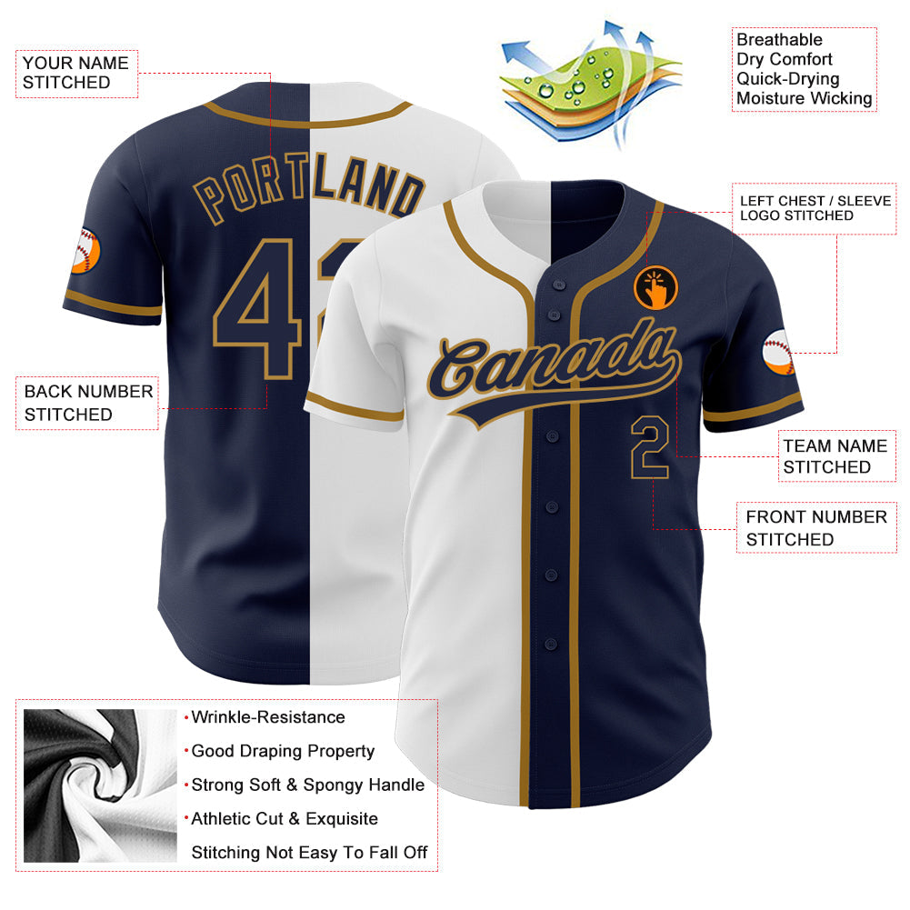 Custom Navy Navy White-Old Gold Authentic Split Fashion Baseball Jersey - Sky-Custom