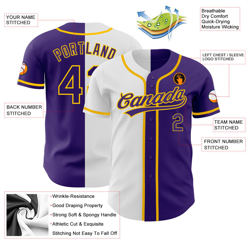 Custom Purple Purple White-Gold Authentic Split Fashion Baseball Jersey - Sky-Custom