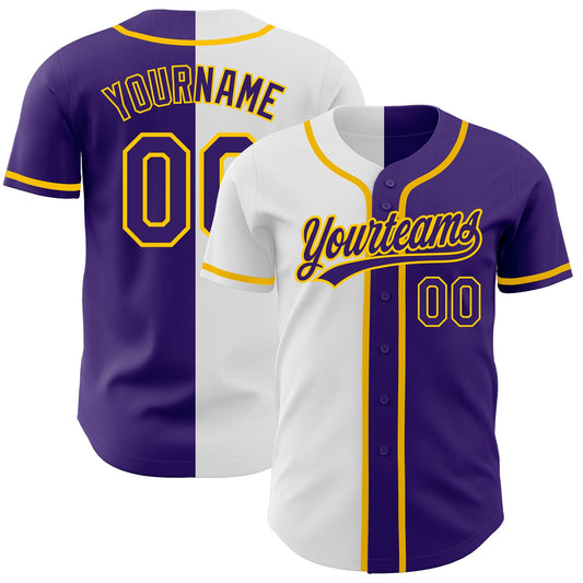 Custom Purple Purple White-Gold Authentic Split Fashion Baseball Jersey - Sky-Custom