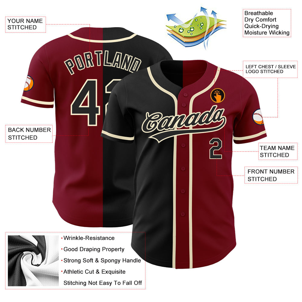 Custom Crimson Black-Cream Authentic Split Fashion Baseball Jersey - Sky-Custom
