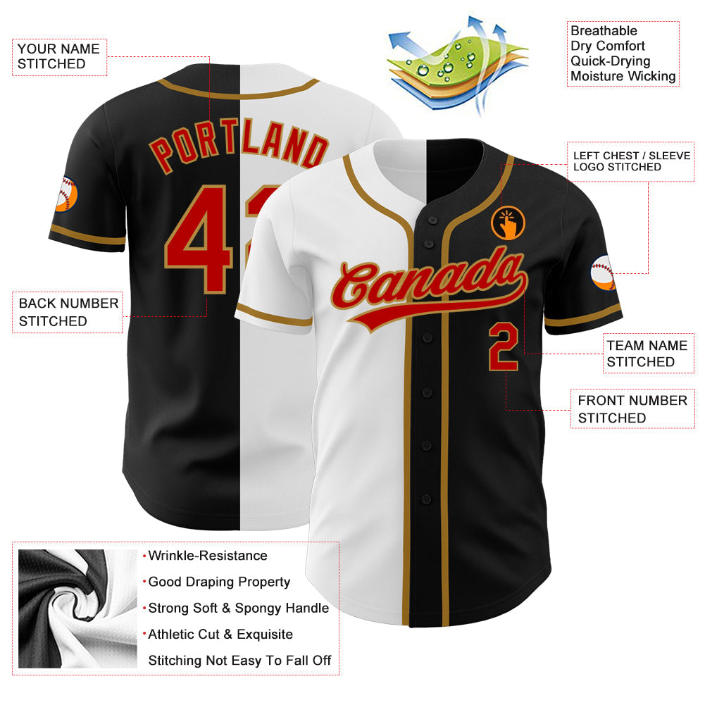 Custom Black Red White-Old Gold Authentic Split Fashion Baseball Jersey - Sky-Custom