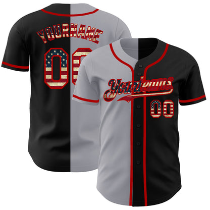 Custom Black Vintage USA Flag Gray-Red Authentic Split Fashion Baseball Jersey - Sky-Custom