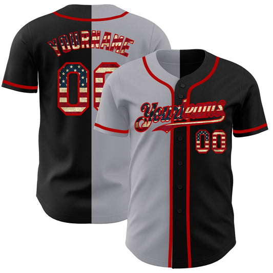 Custom Black Vintage USA Flag Gray-Red Authentic Split Fashion Baseball Jersey - Sky-Custom