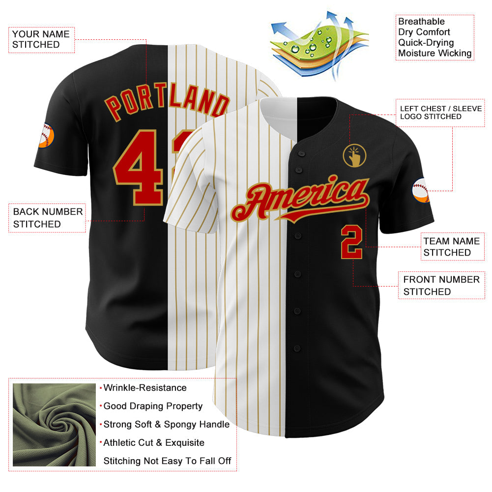 Custom Black Red-Old Gold Pinstripe Authentic Split Fashion Baseball Jersey - Sky-Custom