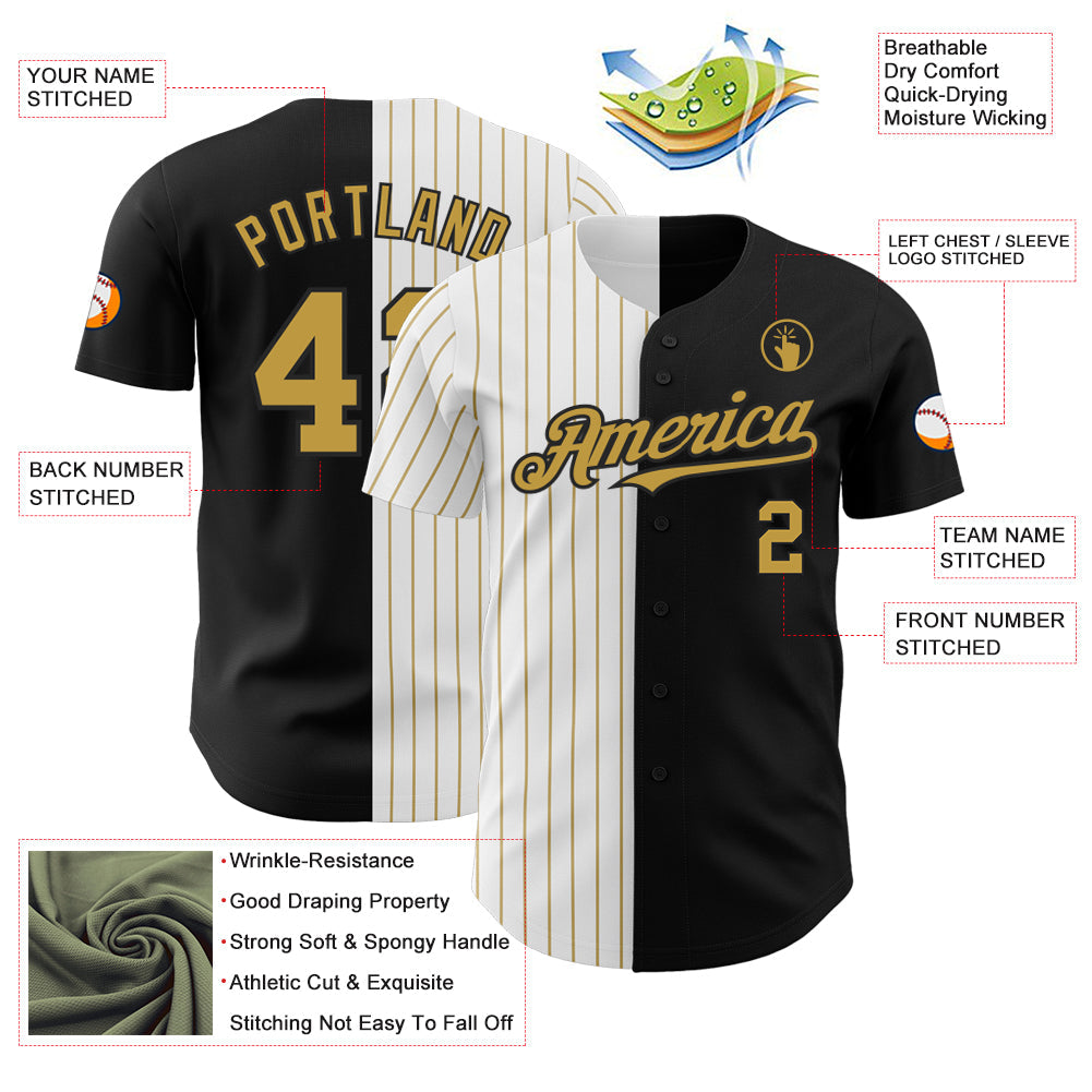 Custom Black White-Old Gold Pinstripe Authentic Split Fashion Baseball Jersey - Sky-Custom
