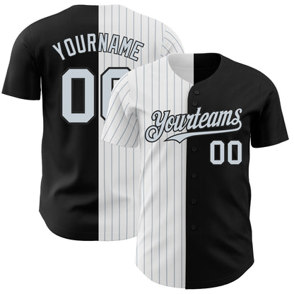 Custom Black White-Silver Pinstripe Authentic Split Fashion Baseball Jersey - Sky-Custom