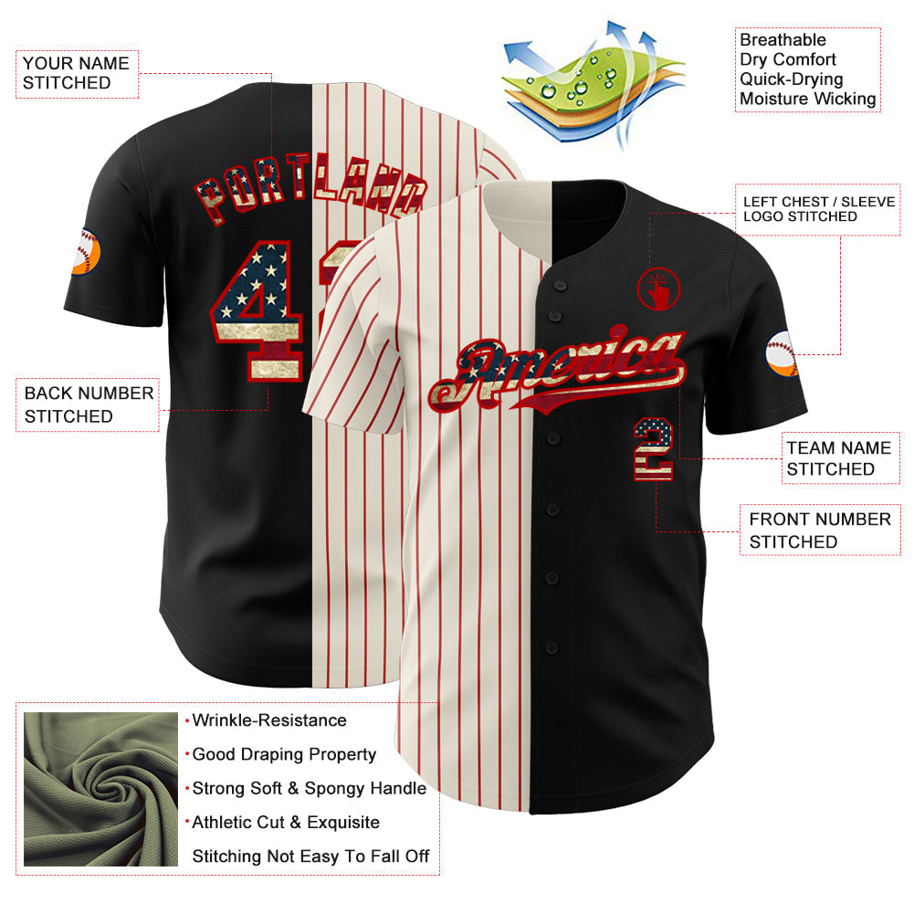 Custom Black Vintage USA Flag Cream-Red Pinstripe Authentic Split Fashion Baseball Jersey - Sky-Custom