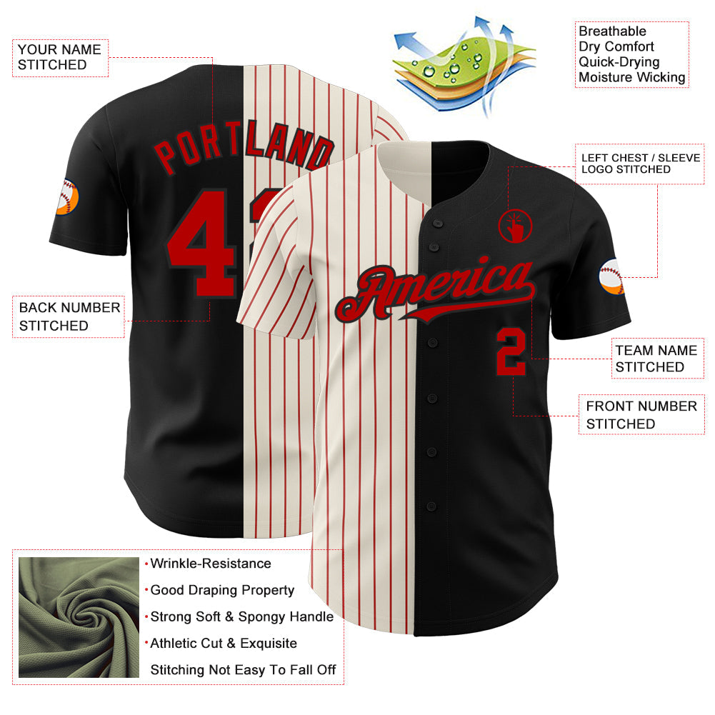 Custom Black Cream-Red Pinstripe Authentic Split Fashion Baseball Jersey - Sky-Custom