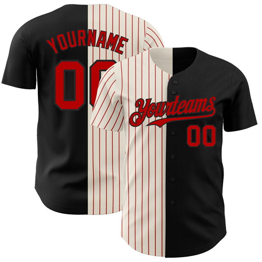 Custom Black Cream-Red Pinstripe Authentic Split Fashion Baseball Jersey - Sky-Custom