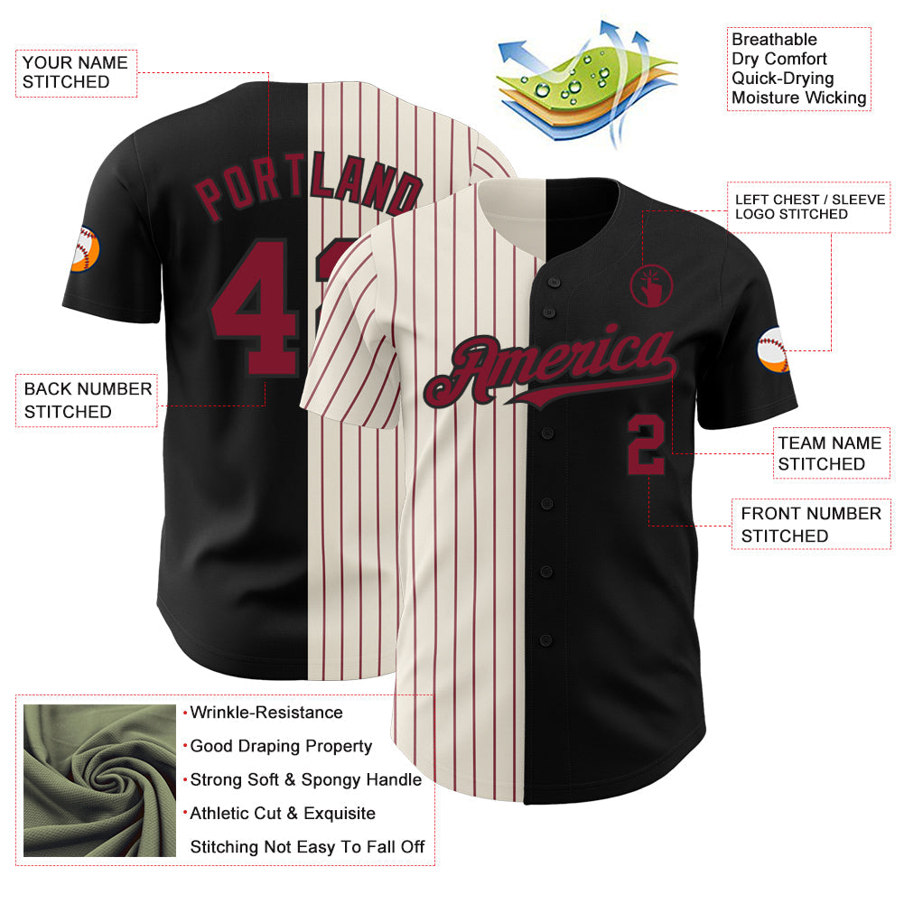 Custom Black Cream-Crimson Pinstripe Authentic Split Fashion Baseball Jersey - Sky-Custom