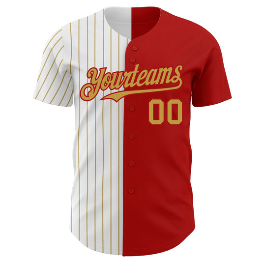 Custom Red White-Old Gold Pinstripe Authentic Split Fashion Baseball Jersey - Sky-Custom