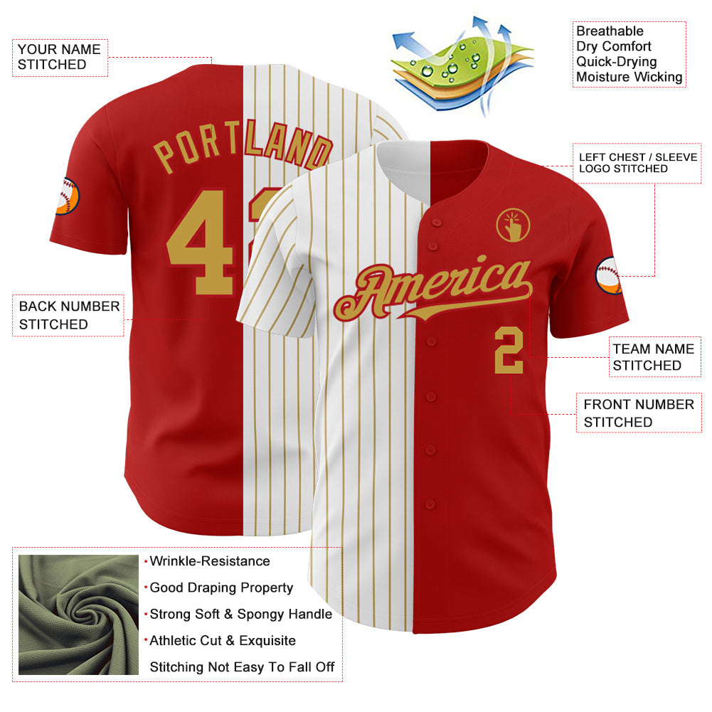 Custom Red White-Old Gold Pinstripe Authentic Split Fashion Baseball Jersey - Sky-Custom