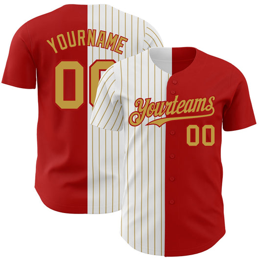 Custom Red White-Old Gold Pinstripe Authentic Split Fashion Baseball Jersey - Sky-Custom