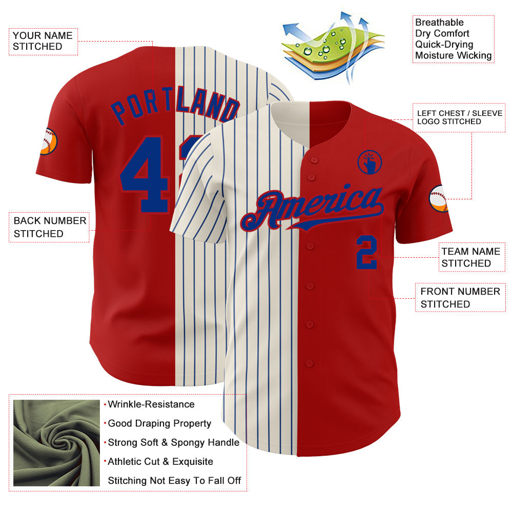 Custom Red Cream-Royal Pinstripe Authentic Split Fashion Baseball Jersey - Sky-Custom